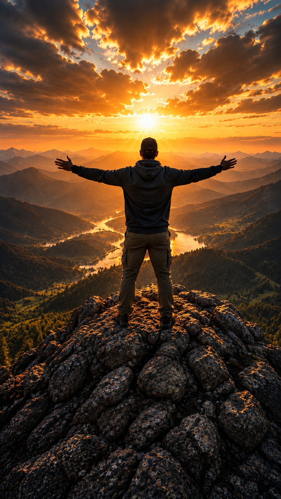 Person standing on a mountain summit with arms open at sunrise